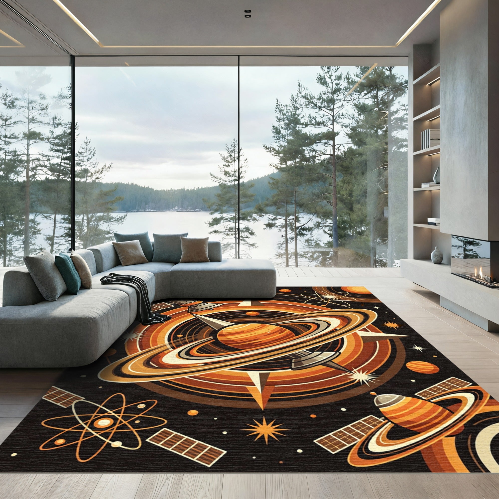 Orange Cosmic Planet Satellite Swirls Rug