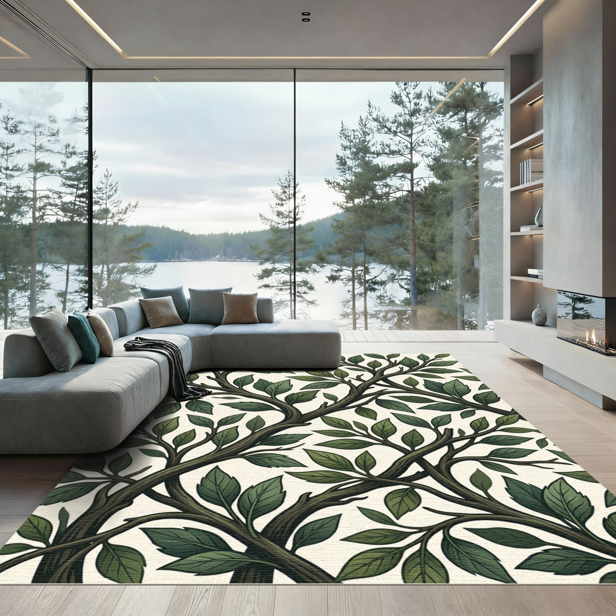Dark Green Leafy Branch Tableau Rug