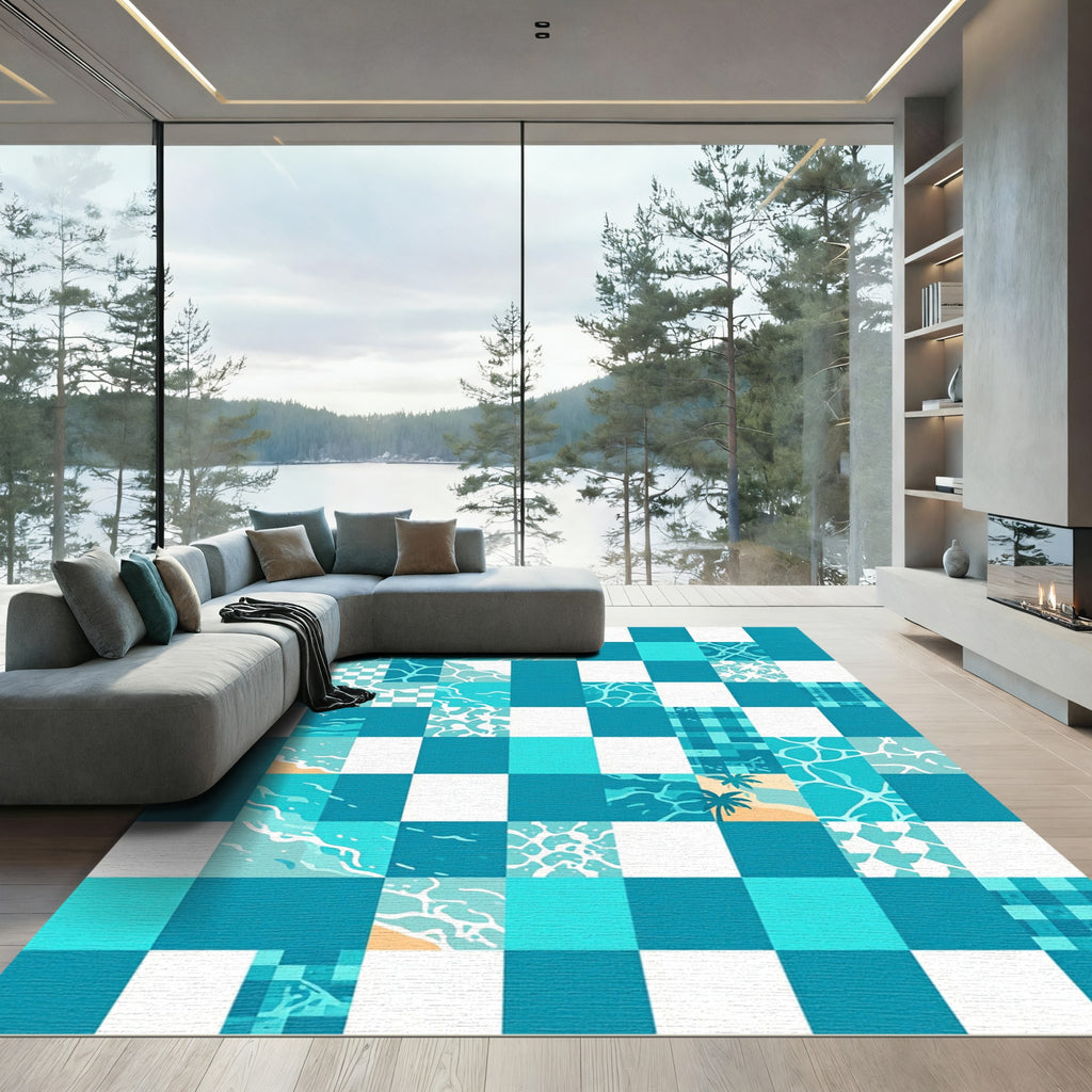 Coastal Turquoise Geometric Water Tile Rug