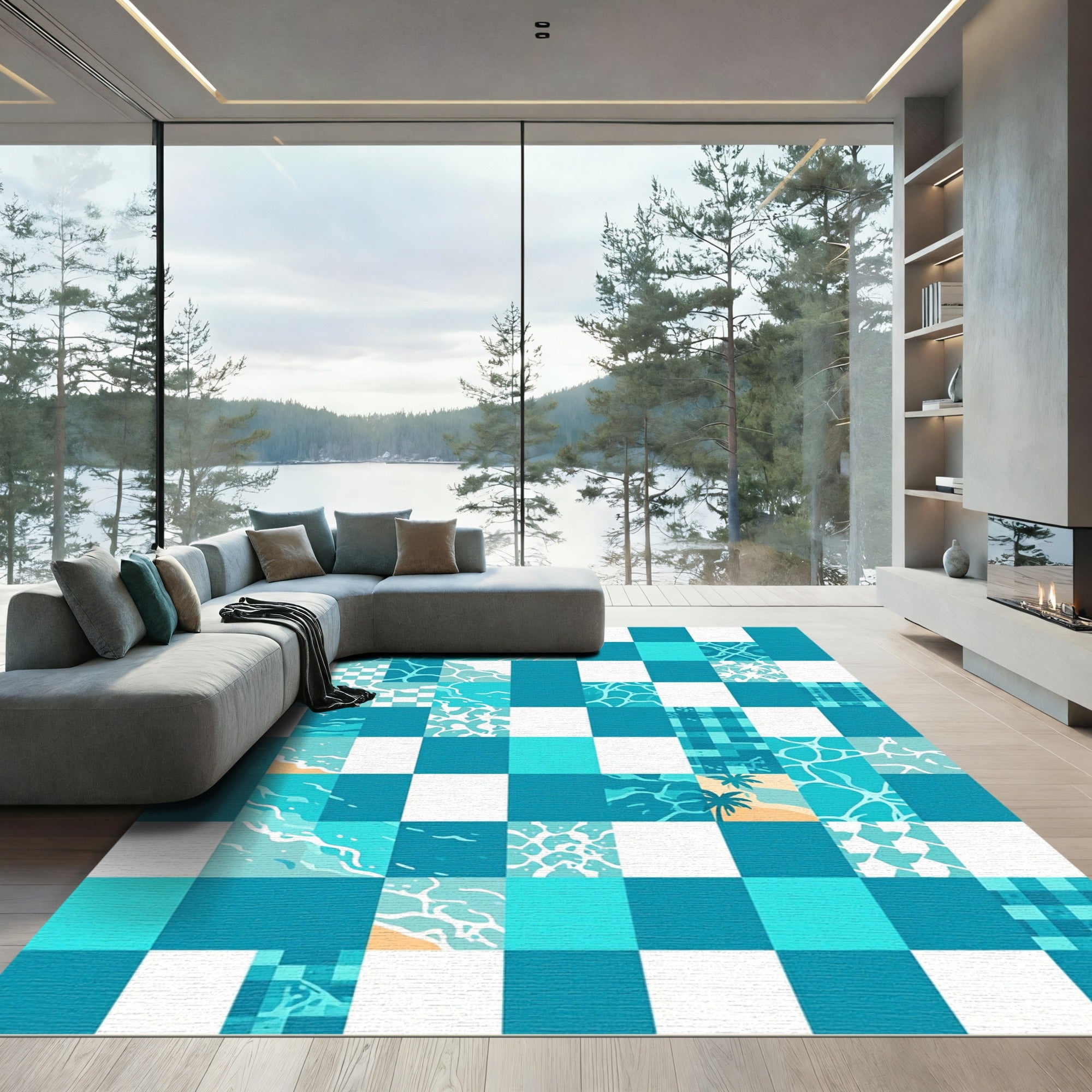 Coastal Turquoise Geometric Water Tile Rug