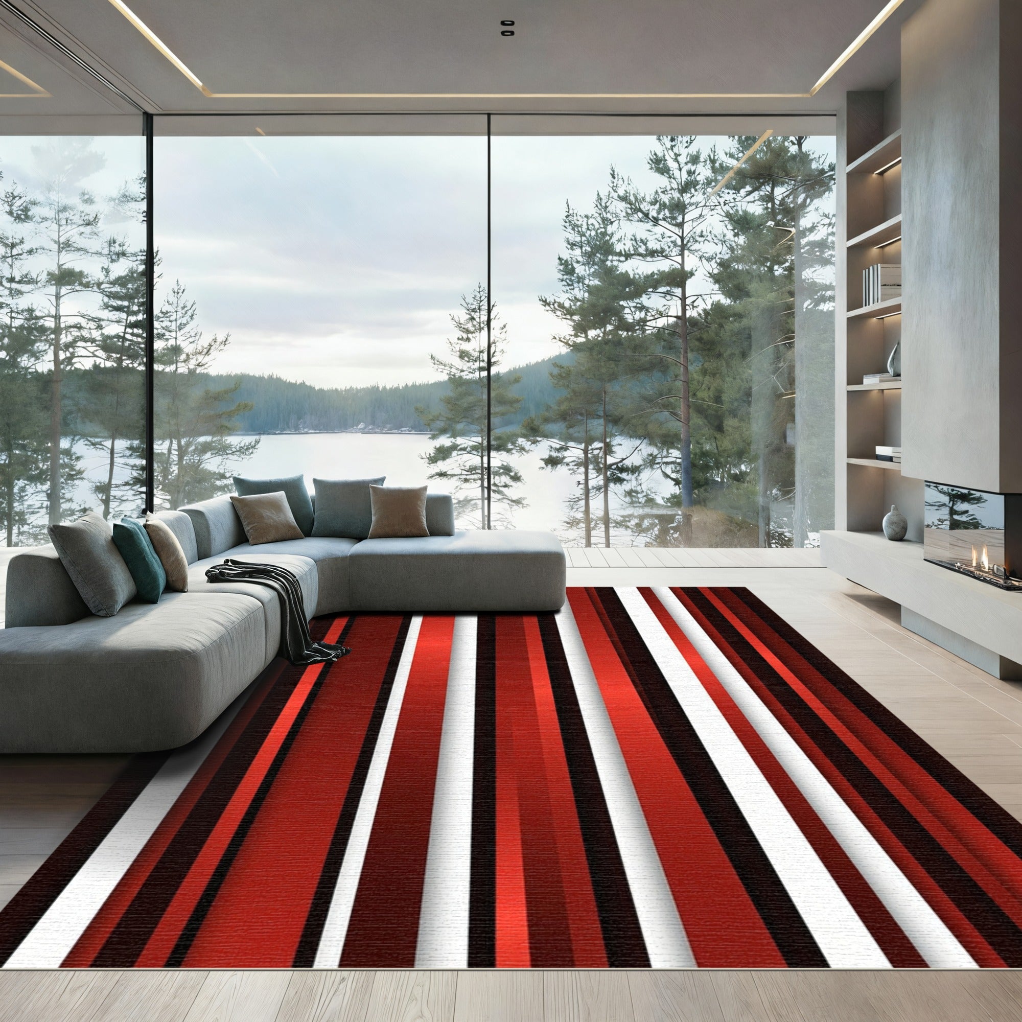 Crimson White Vertical Stripe Composition Rug