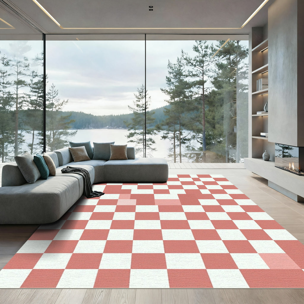 Modern Pink and White Checkered Rug