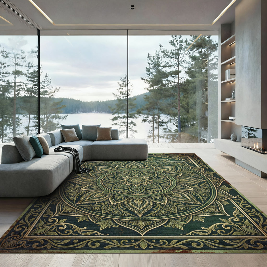 Ornate Emerald Olive Lotus Mandala Rug
