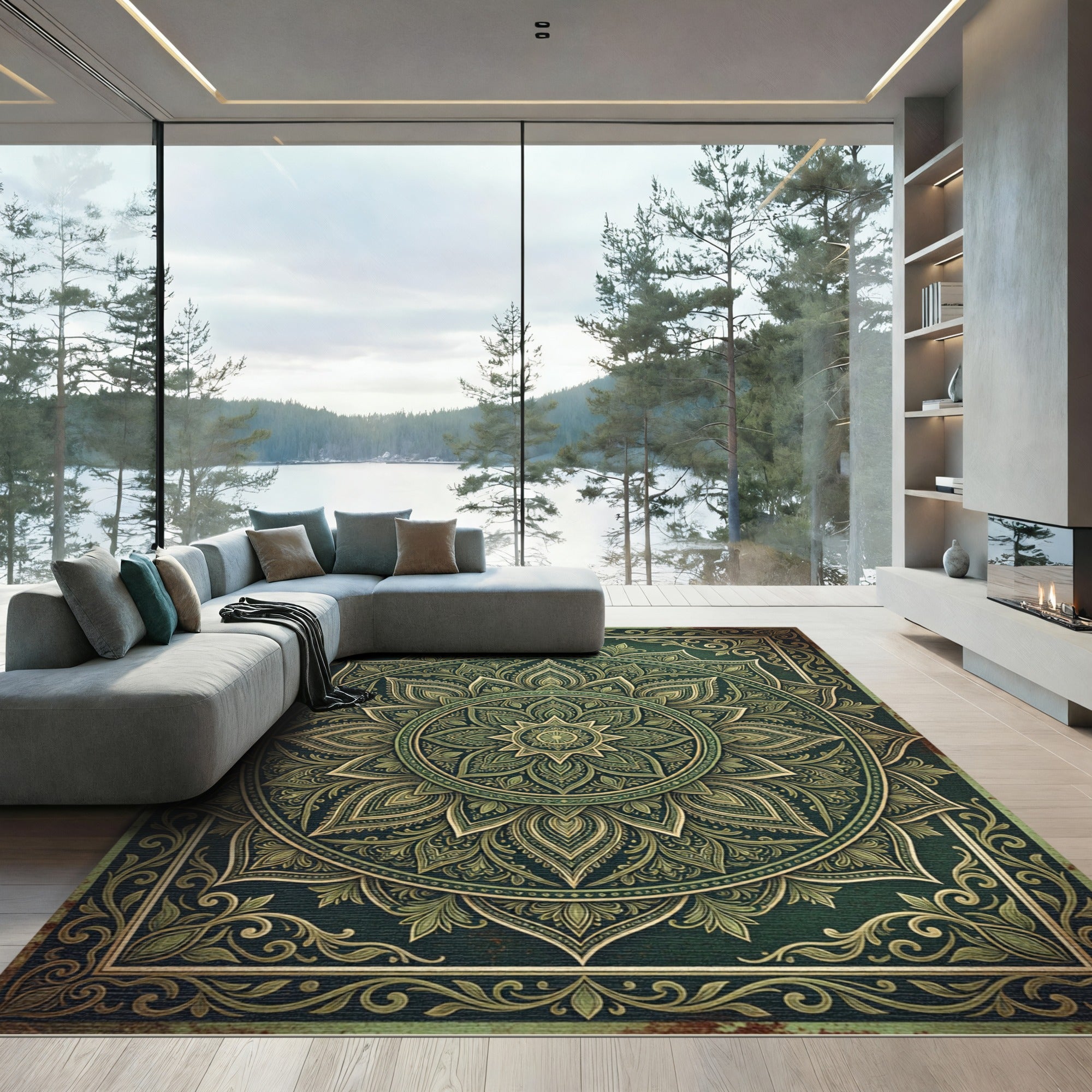 Ornate Emerald Olive Lotus Mandala Rug