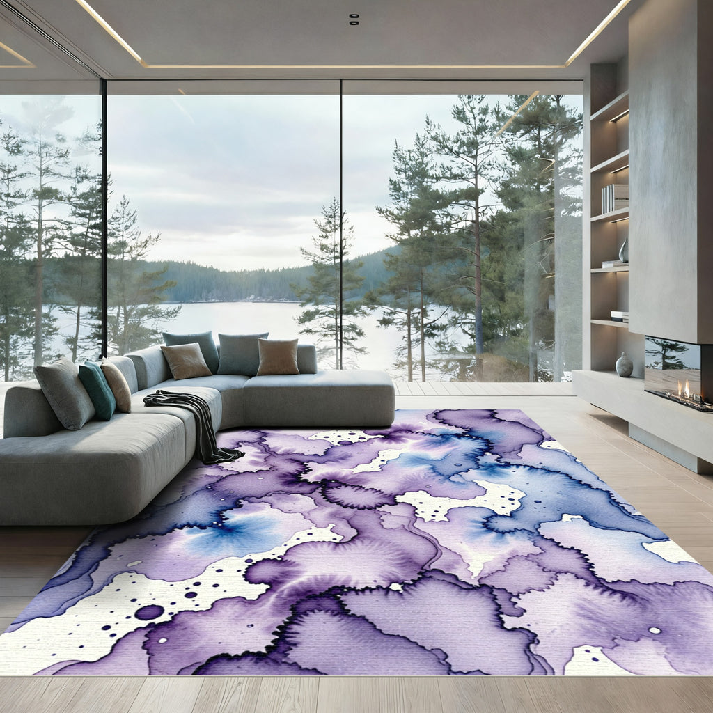 Ethereal Violet Blue Abstract Watercolor Ink Rug