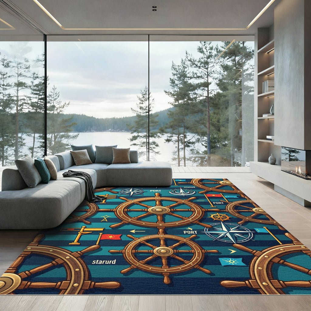 Naval Nautical Helm Compass Flags Rug