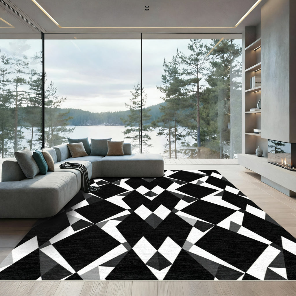 Modern Black White Geometric Diamond Rug