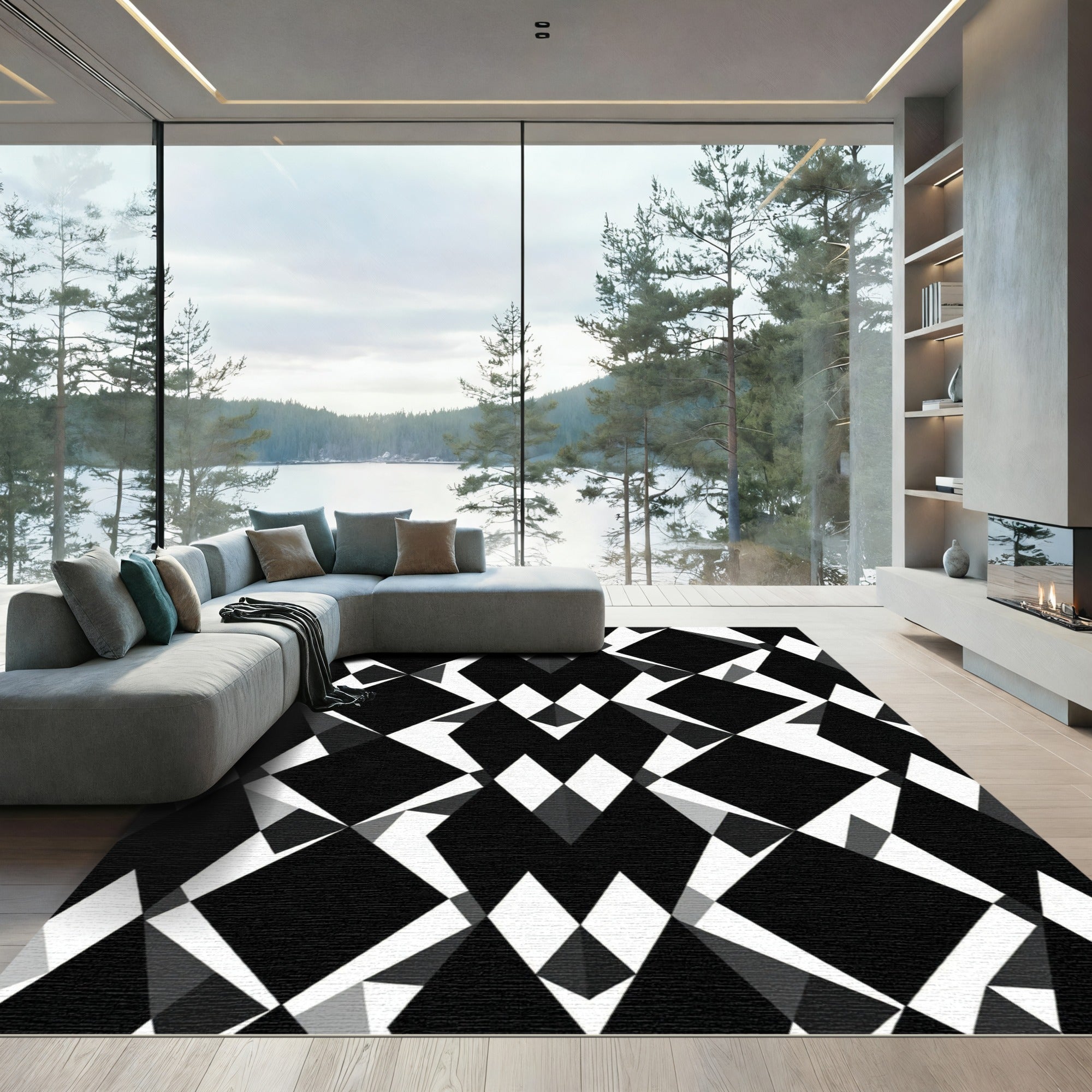 Modern Black White Geometric Diamond Rug
