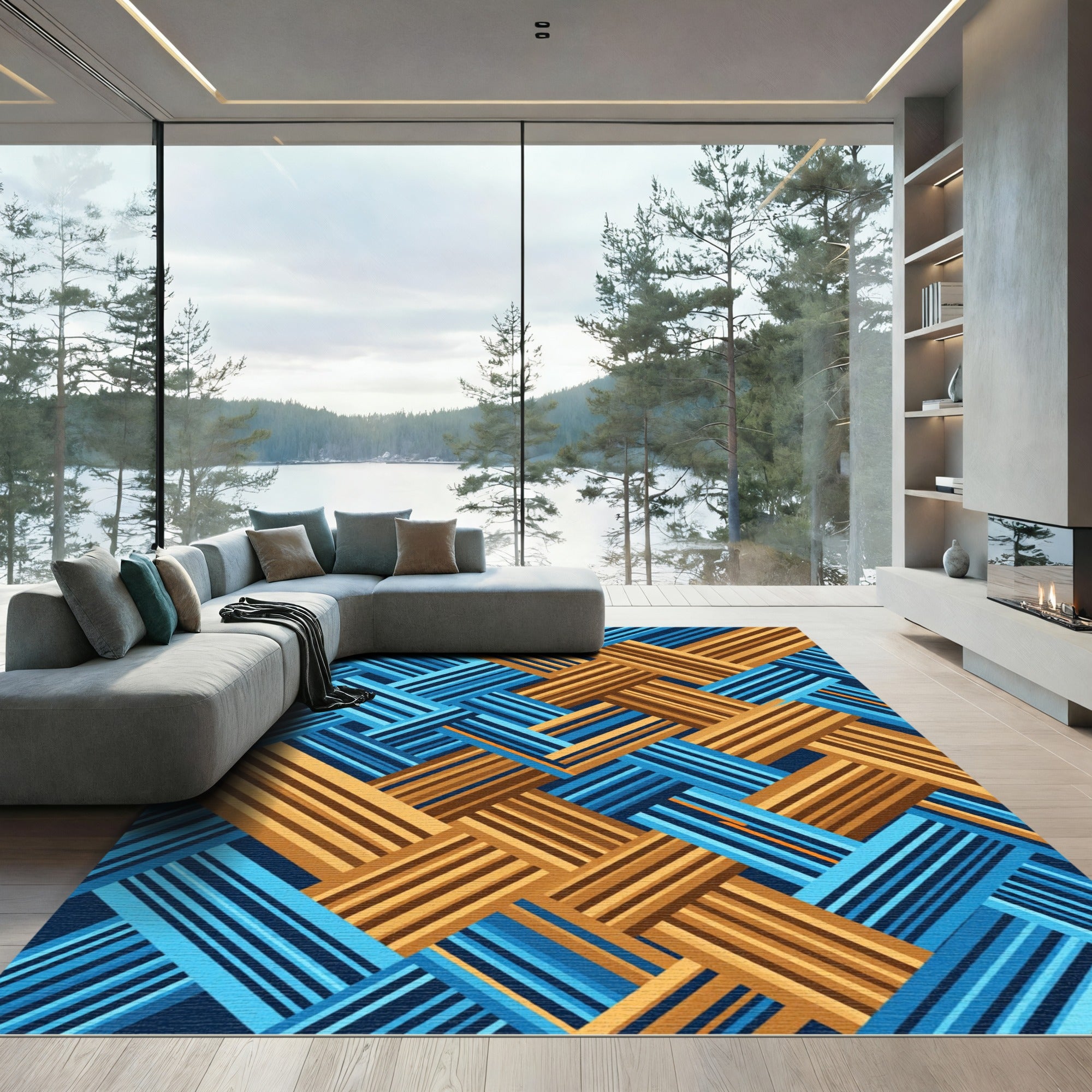 Geometric Blue and Gold Interwoven Lines Rug