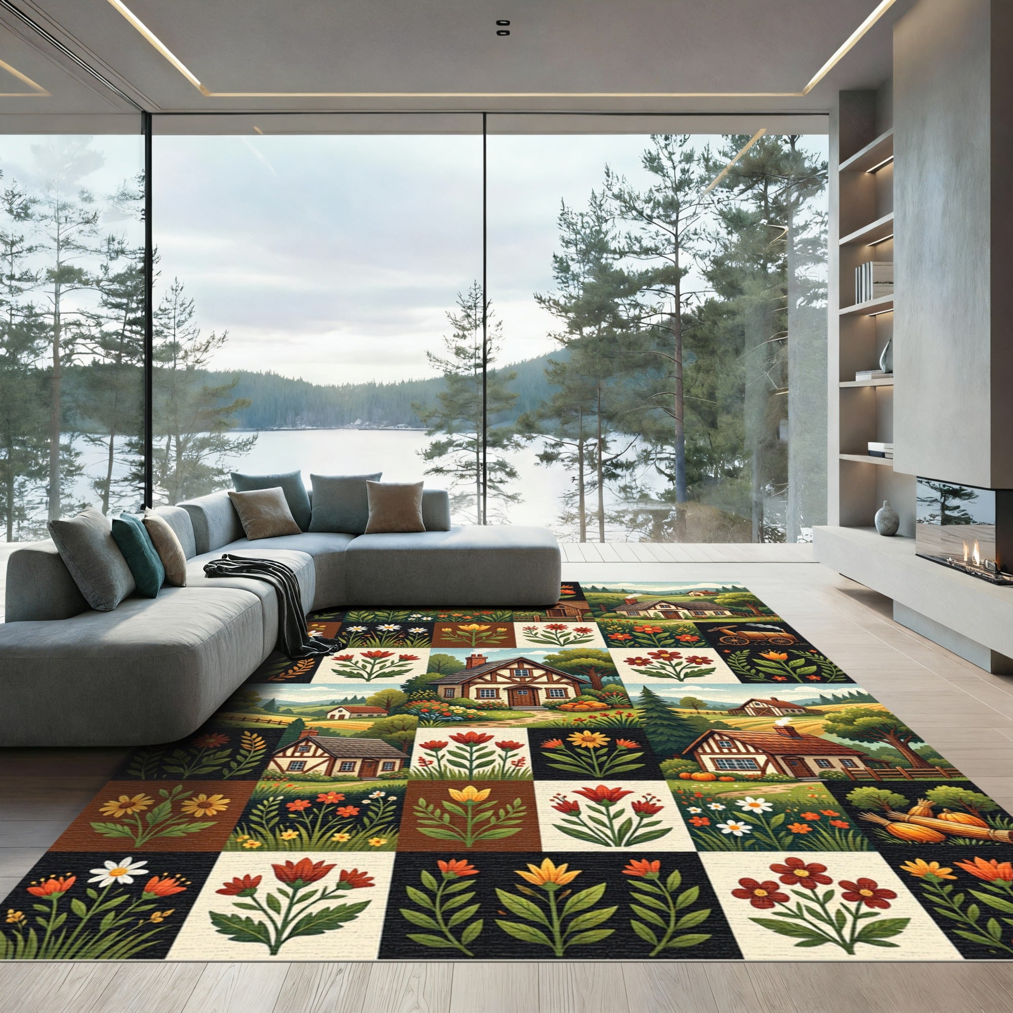 Rustic Cottage Farmhouse Floral Grid Rug
