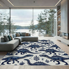 Navy Blue Prehistoric Dinosaur Illustration Rug