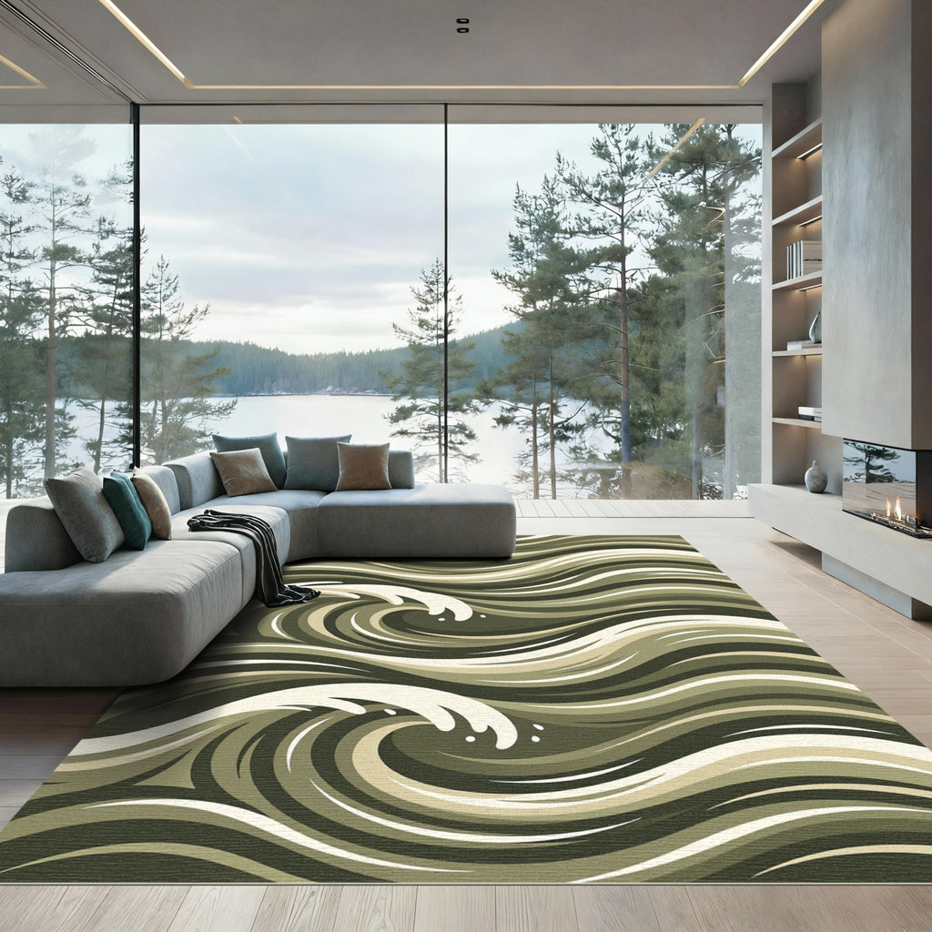 Earthy Green Oceanic Wave Rug