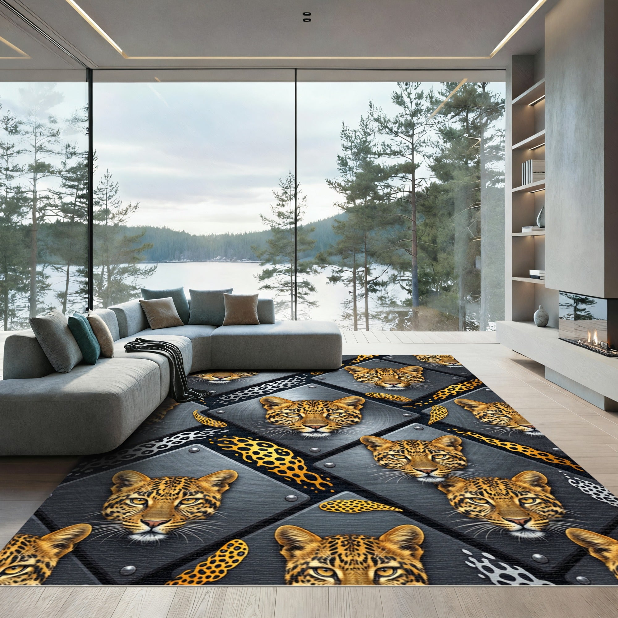Metallic Leopard Head Geometric Panel Rug