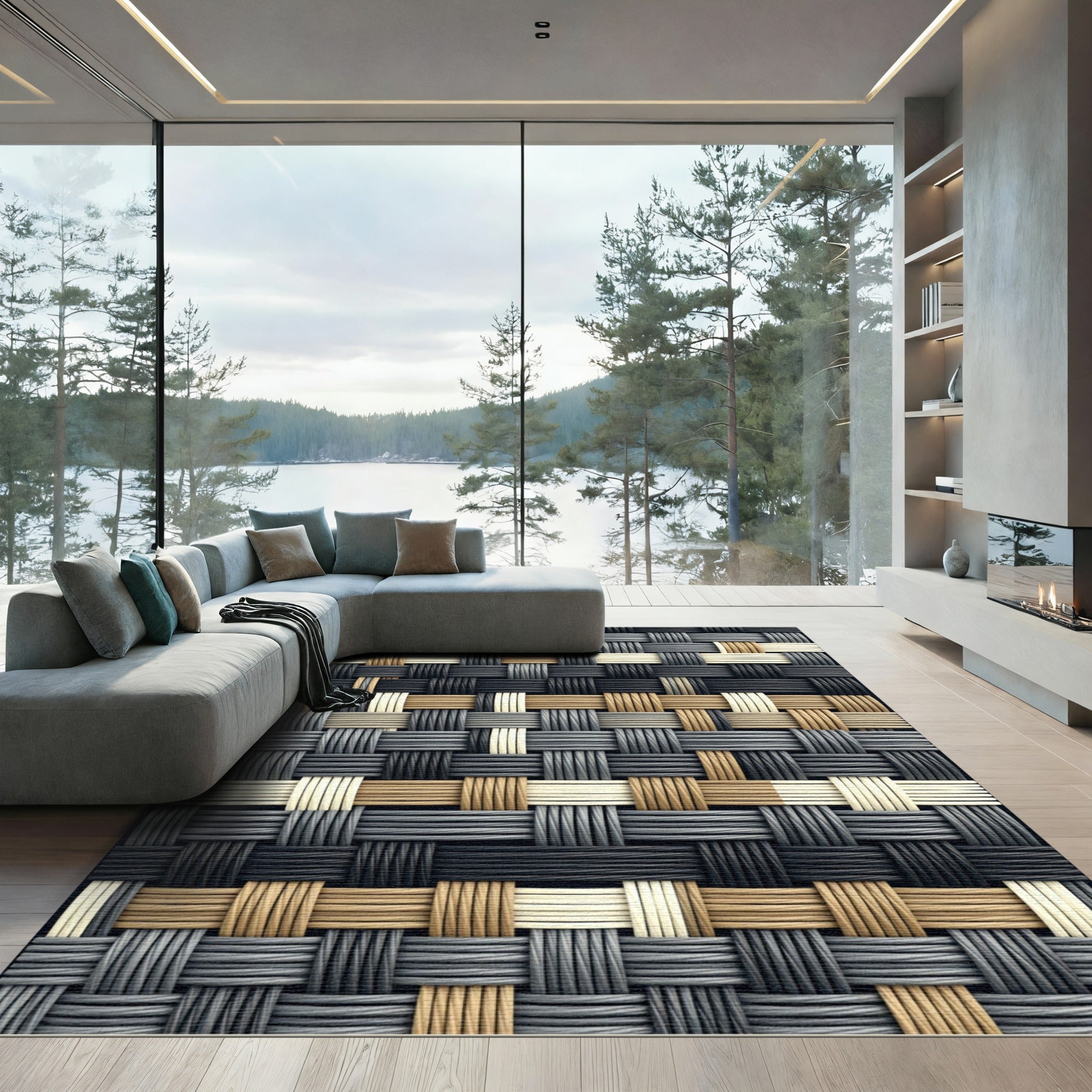 Textured Neutral Woven Interlocking Square Rug