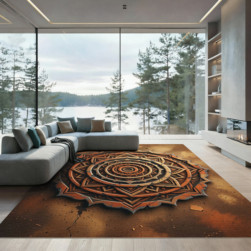 Earthy Bronze Mandala Medallion Circular Rug