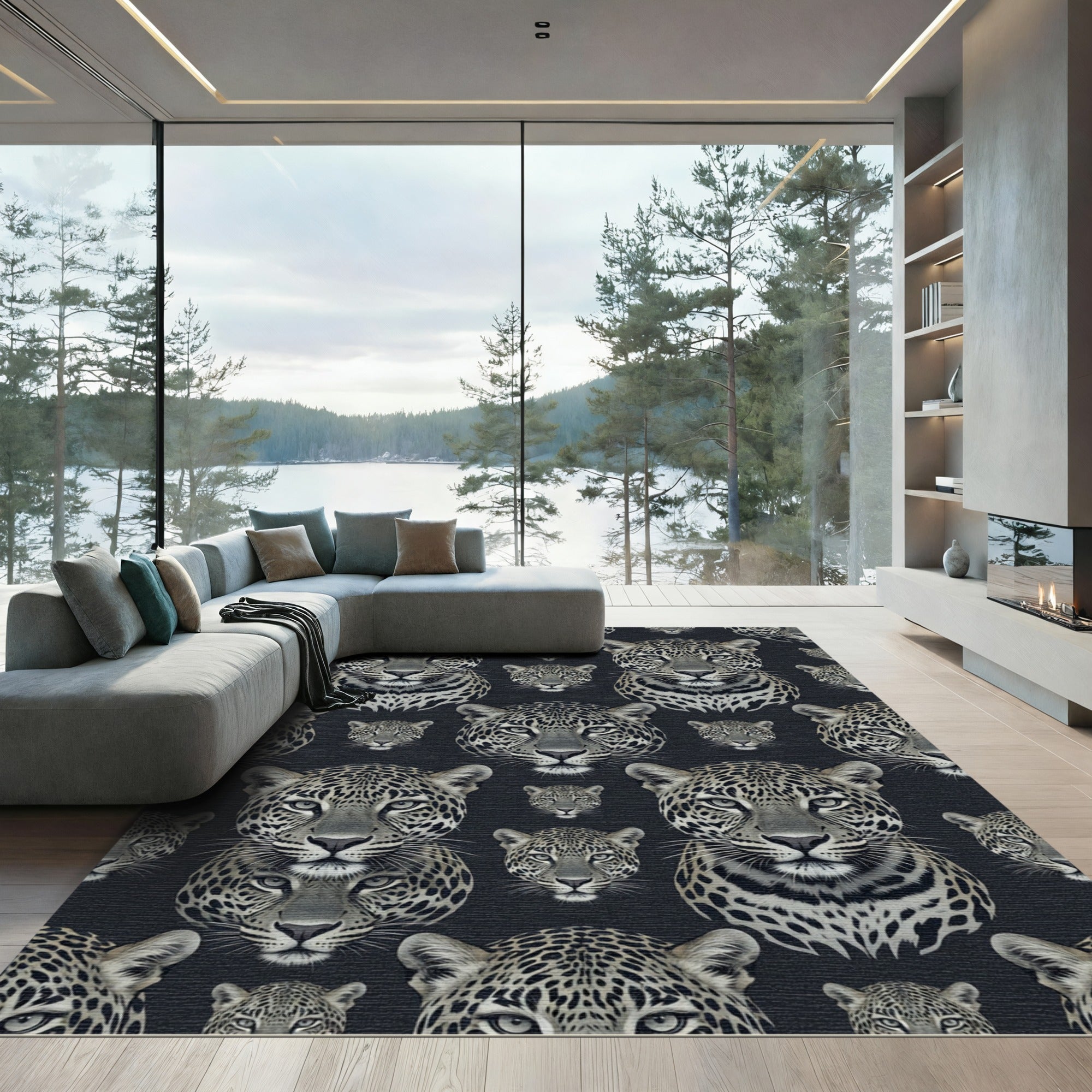 Monochrome Leopard Portrait Geometric Repeat Rug