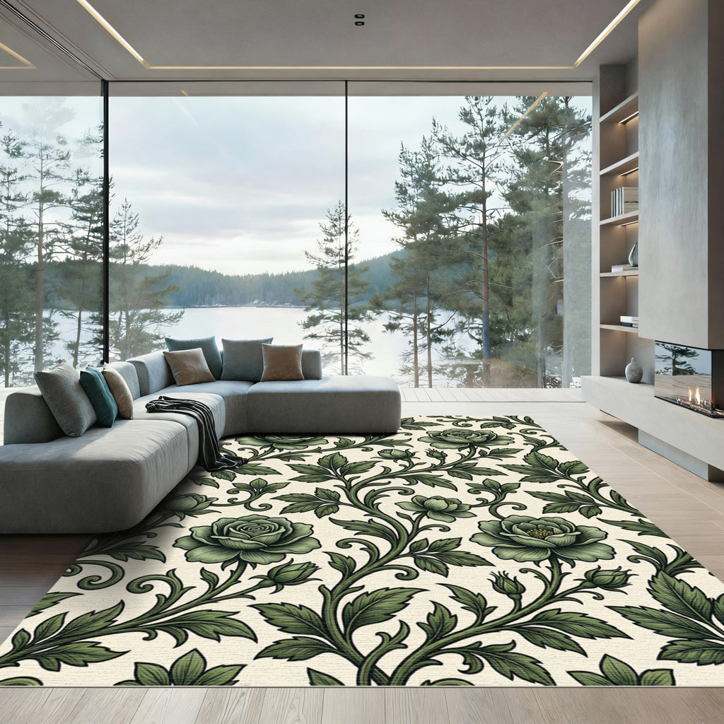 Elegant Sage Green Rose Vine Wallflower Rug
