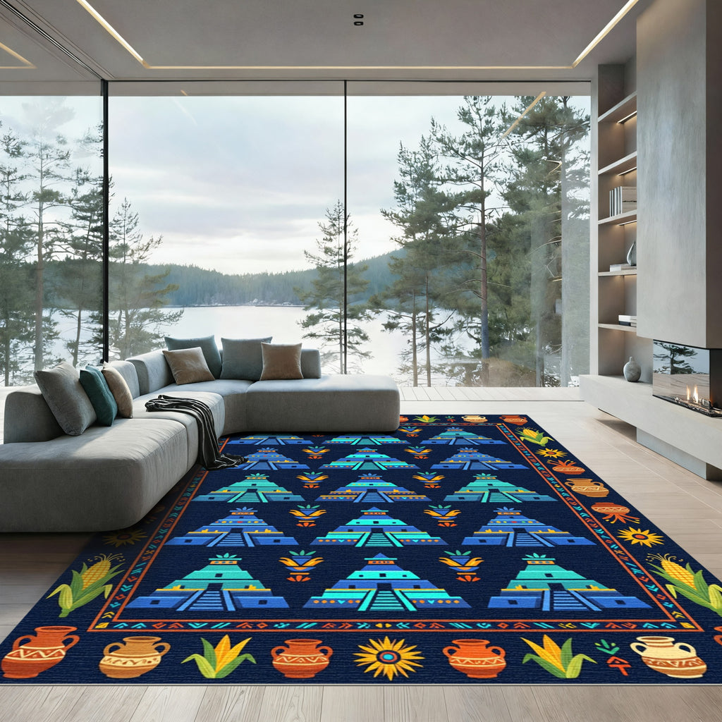 Aztec Temple Folk Art Blue Tapestry Rug