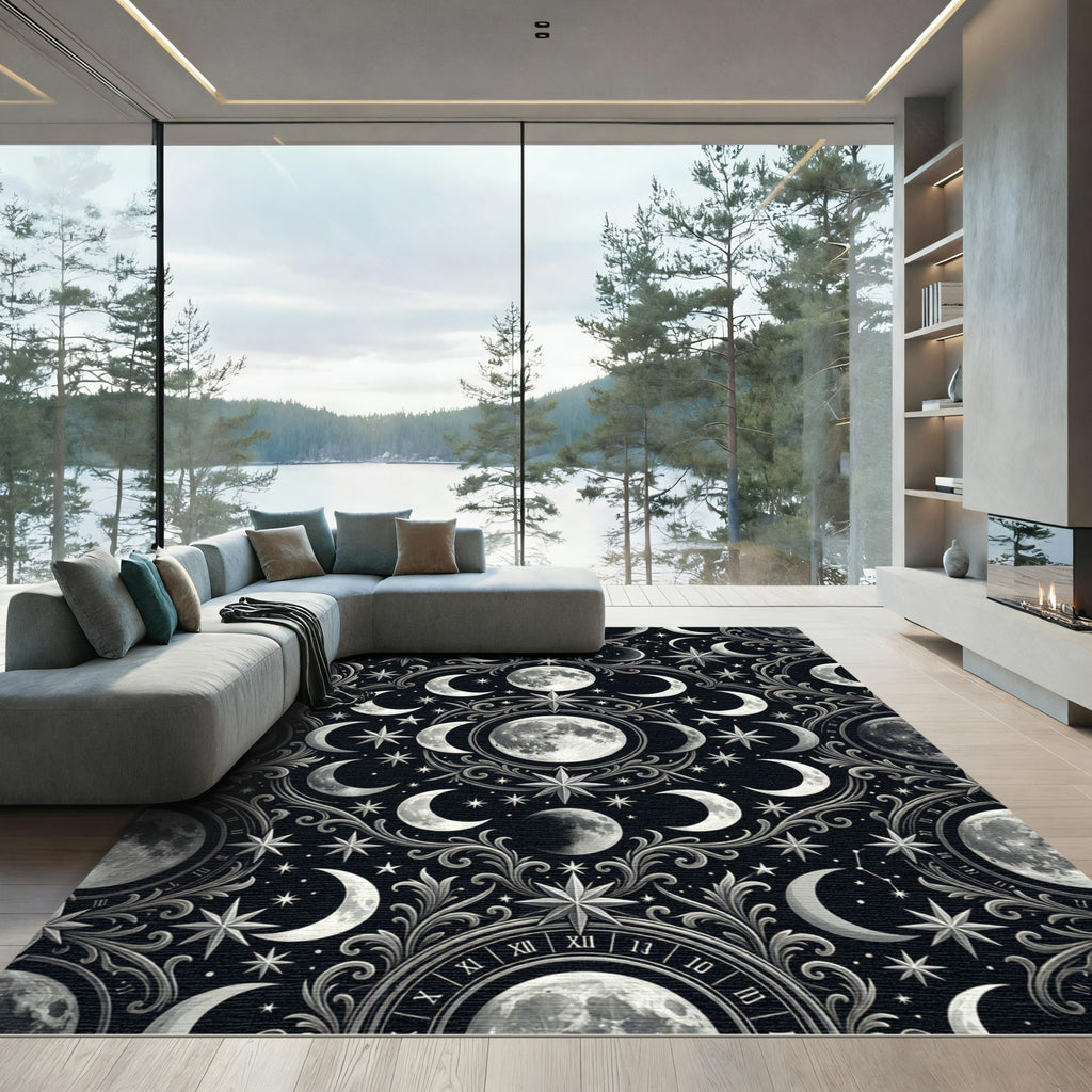 Celestial Silver Moon and Star Tapestry Rug