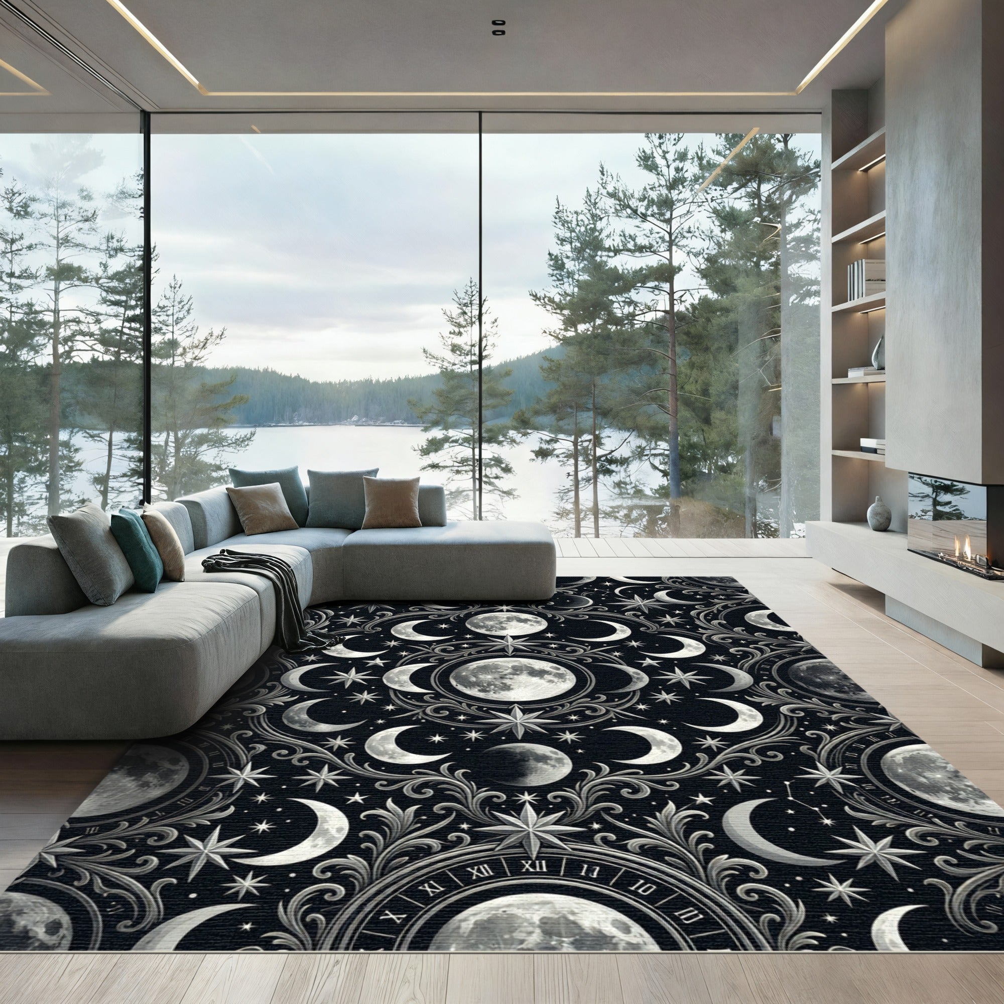 Celestial Silver Moon and Star Tapestry Rug