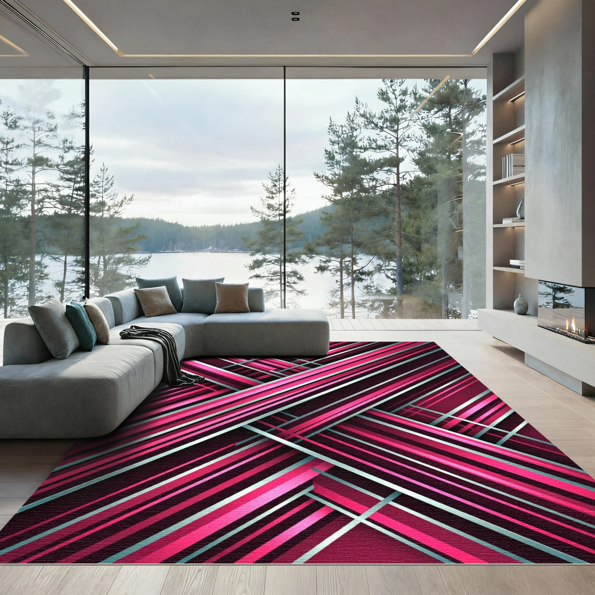 Modern Magenta Diagonal Striated Abstract Rug