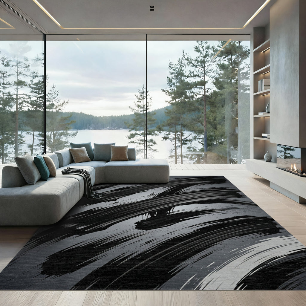 Modern Black Abstract Charcoal Brushstroke Rug