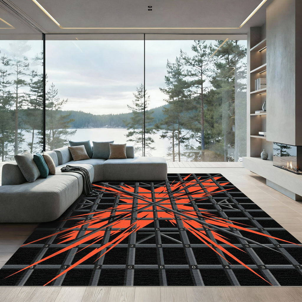 Bold Orange Abstract Grid Cross Rug