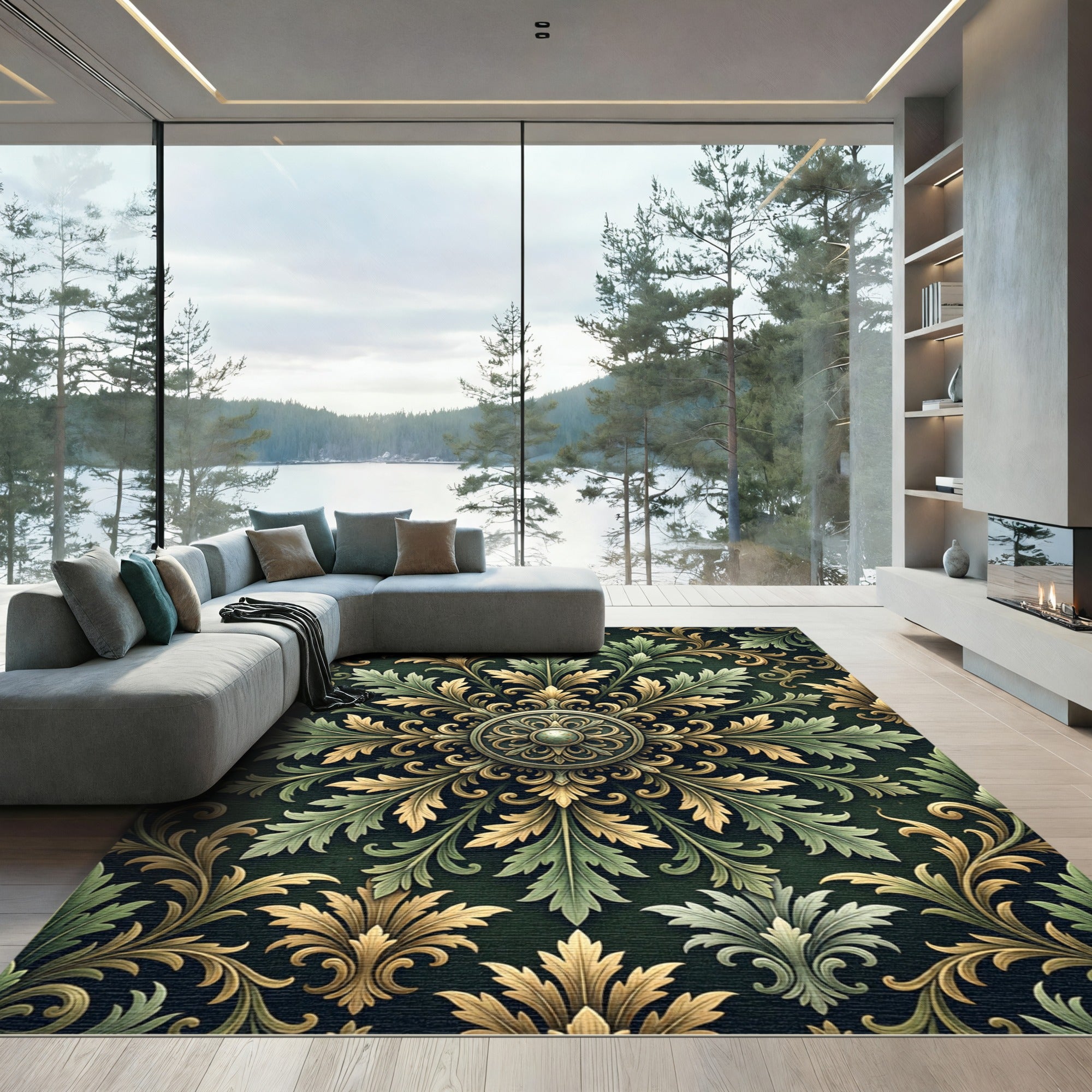 Ornate Sage and Gold Acanthus Medallion Rug