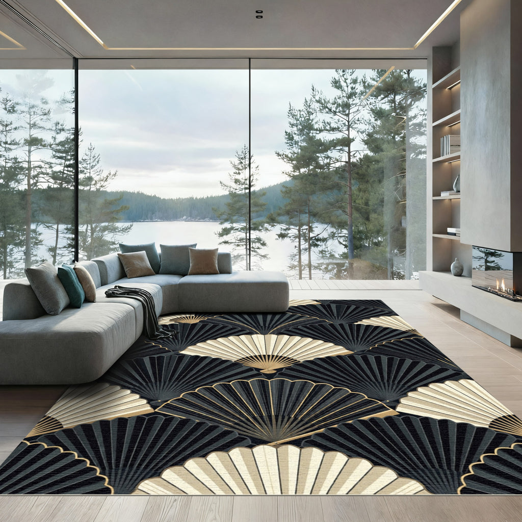 Sophisticated Black and Gold Fan Art Deco Rug