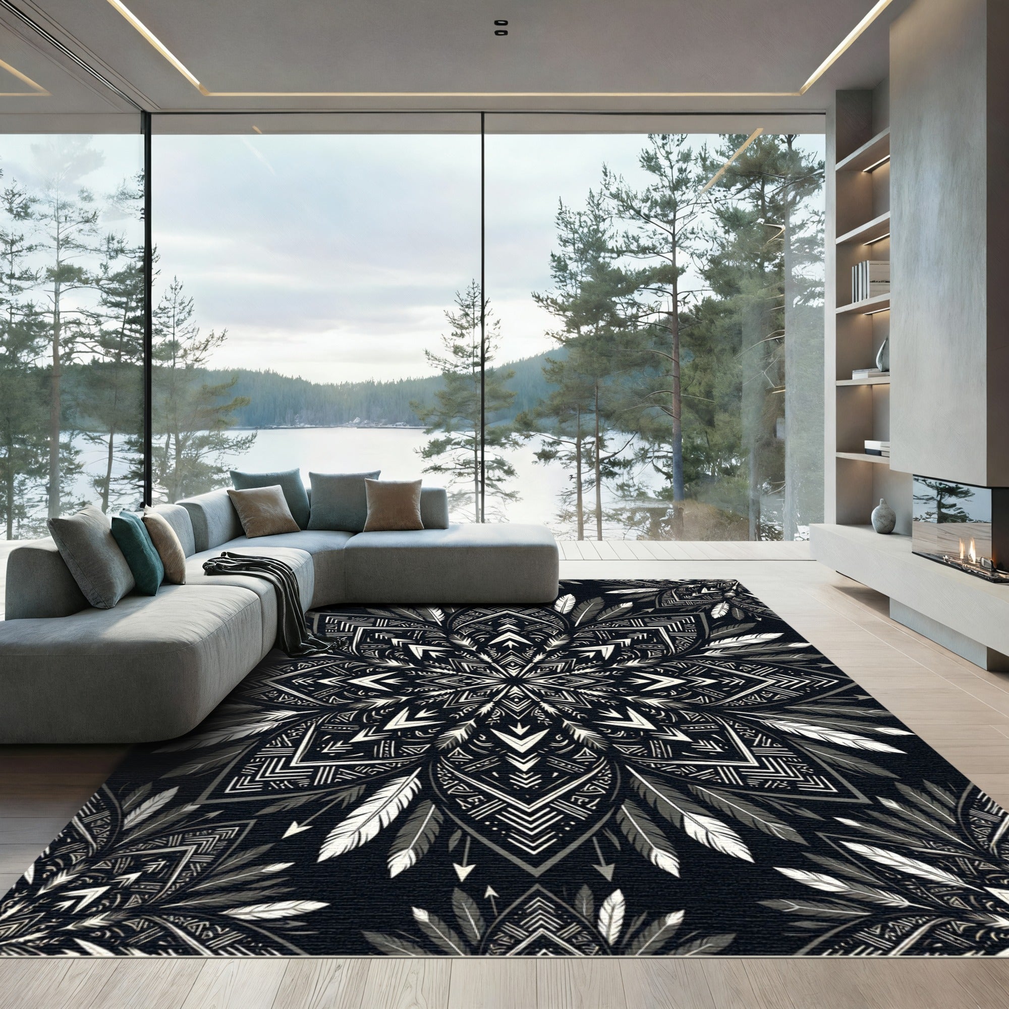 Monochromatic Feather Tribal Mandala Art Rug