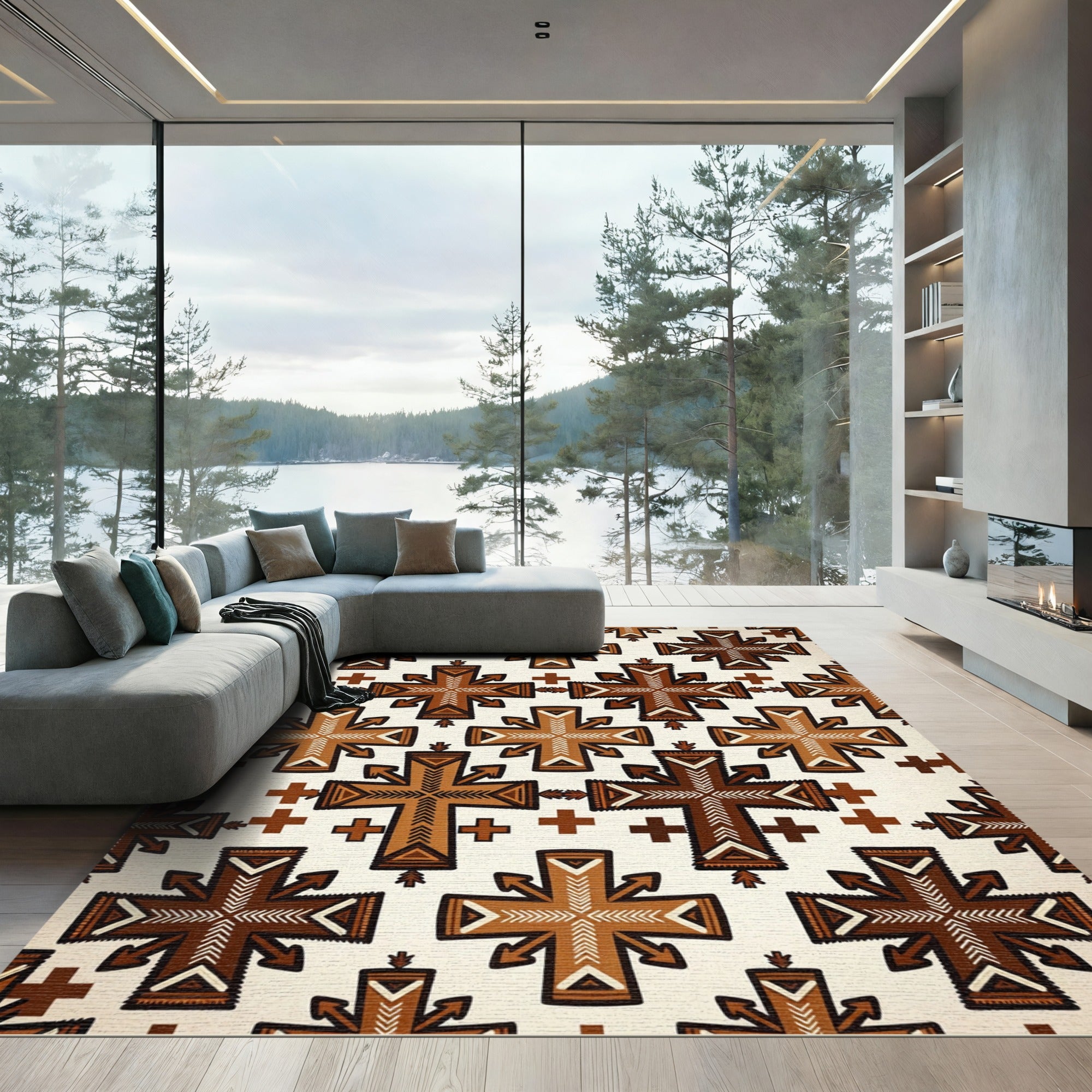 Earthy Brown Tribal Cross Geometric Rug