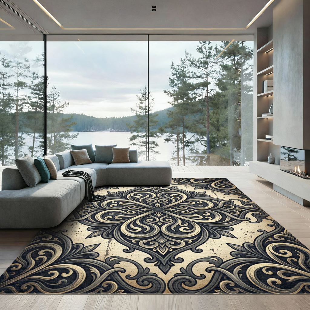 Antique Black Cream Scrollwork Medallion Rug
