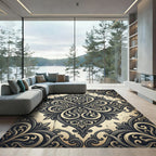 Antique Black Cream Scrollwork Medallion Rug