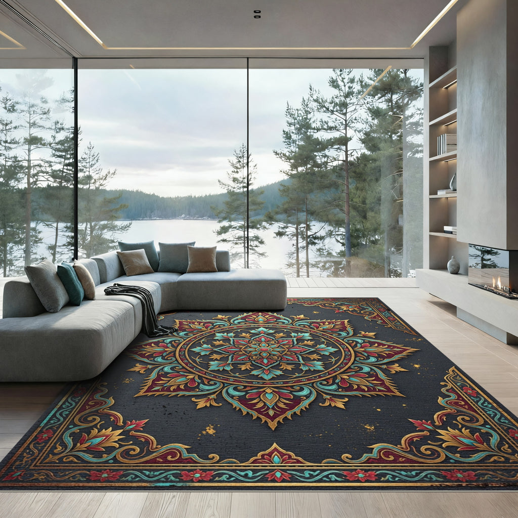 Ornate Crimson and Teal Floral Medallion Rug