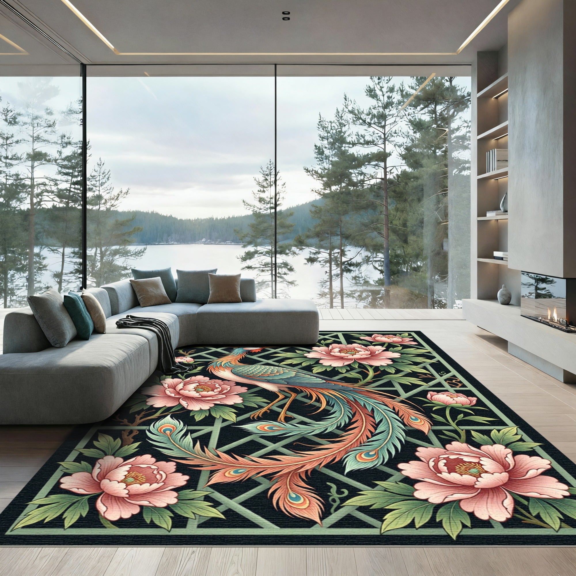 Elegant Peacock and Peony Floral Grille Rug