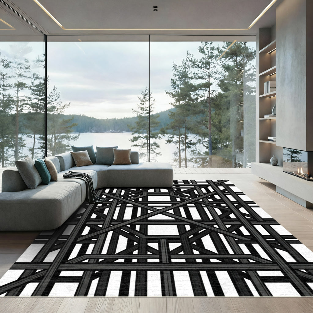 Modern Architectural Black Grid Lattice Rug