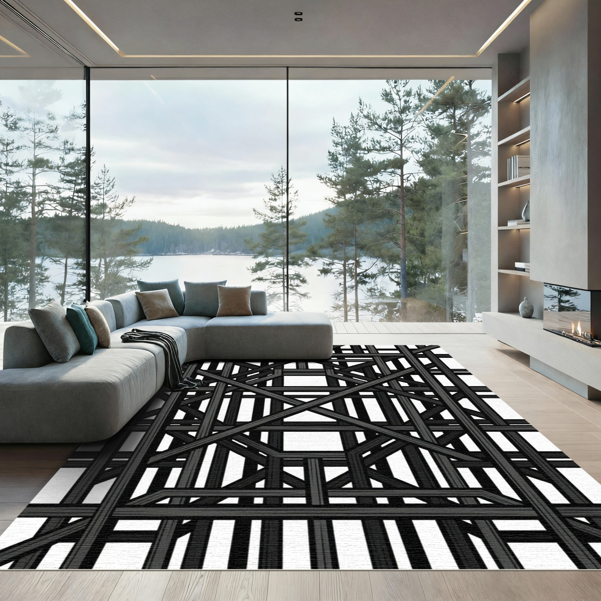 Modern Architectural Black Grid Lattice Rug