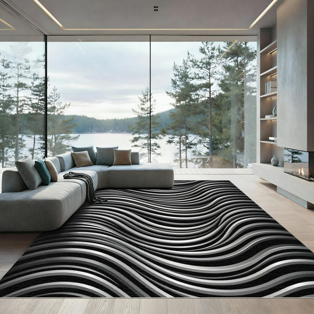 Monochrome Wavy Lines Abstract Rug