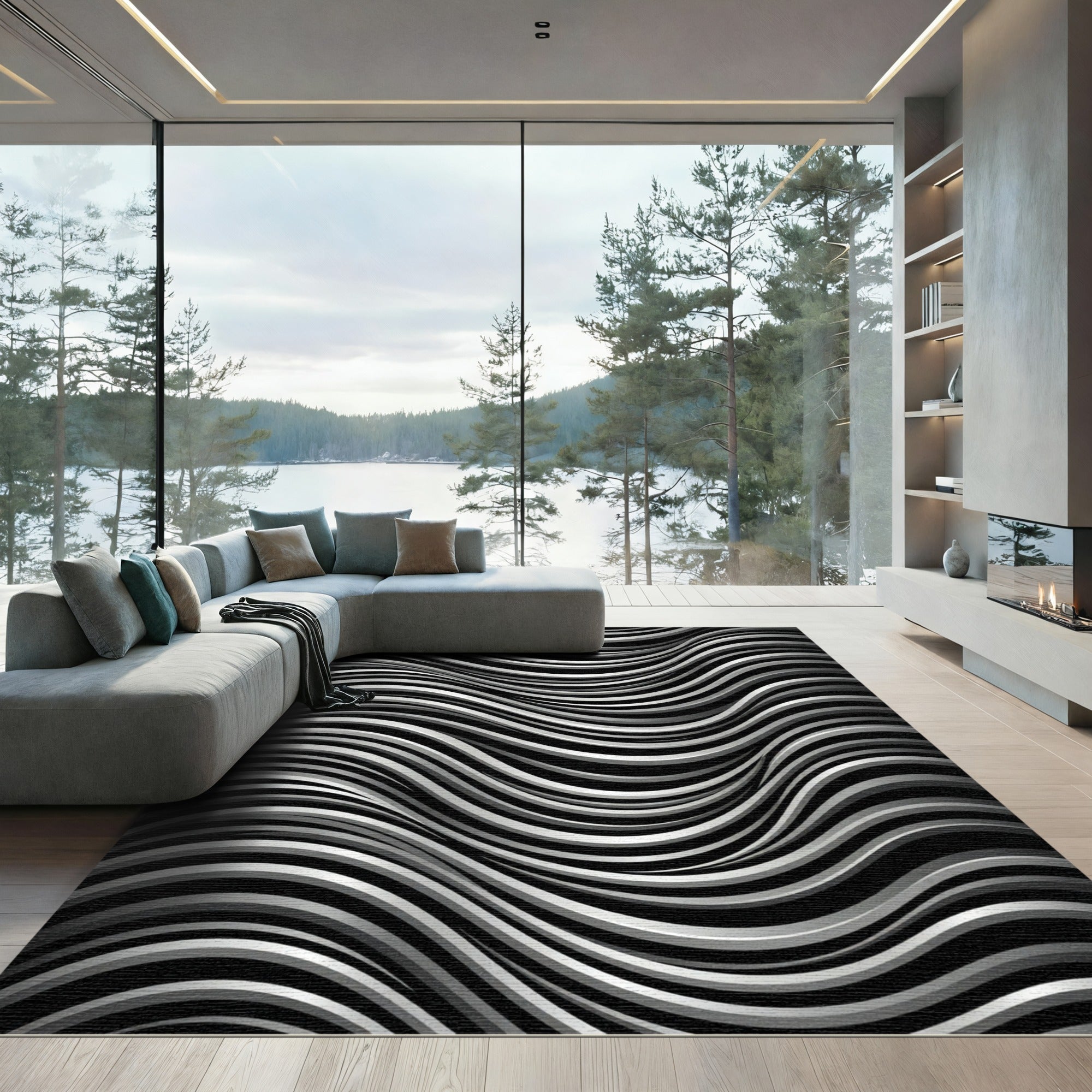 Monochrome Wavy Lines Abstract Rug