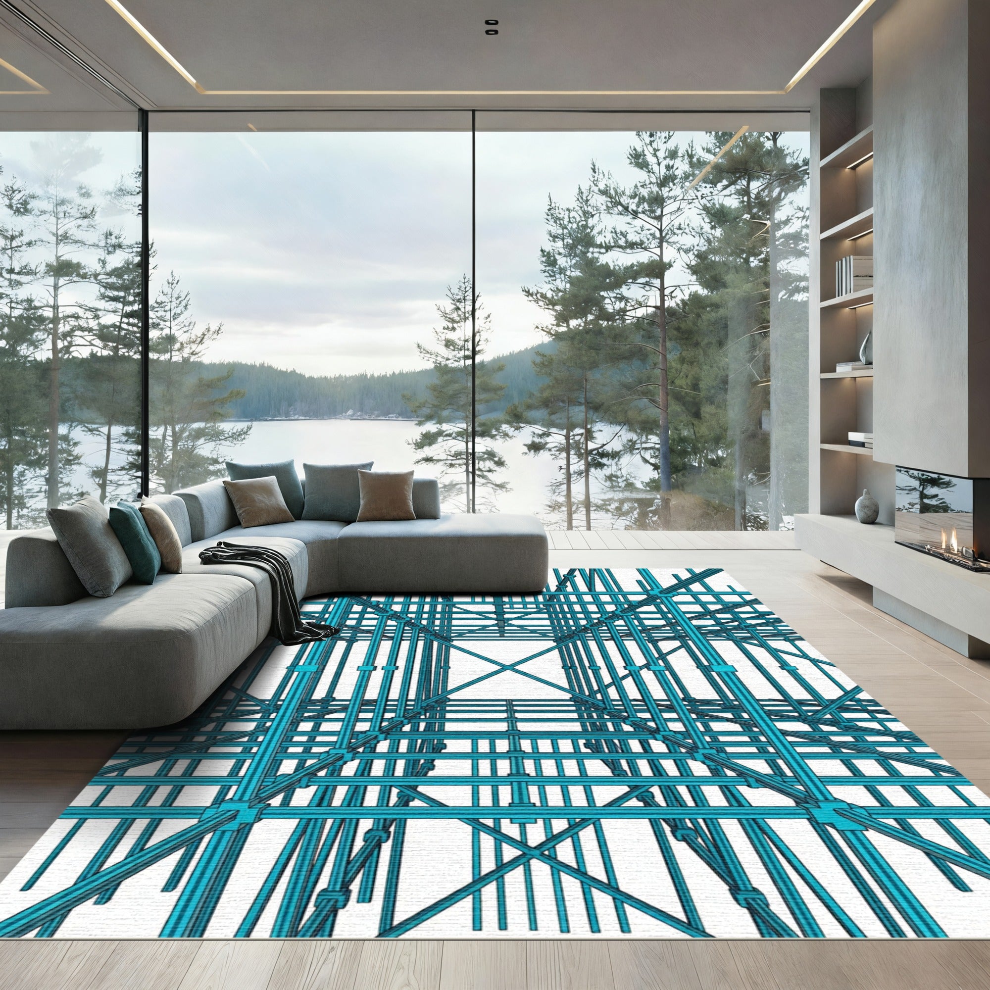 Aqua Blue Industrial Framework Composition Rug