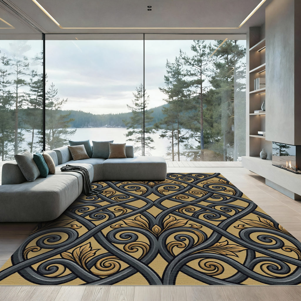 Ornate Black and Gold Ironwork Scroll Rug