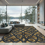 Ornate Black and Gold Ironwork Scroll Rug