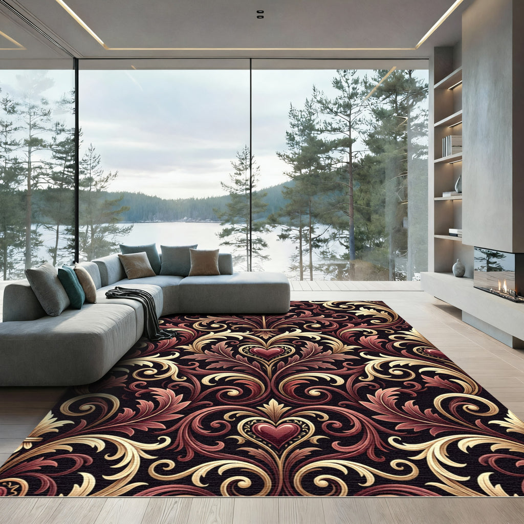 Rich Burgundy Gold Heart Filigree Rug