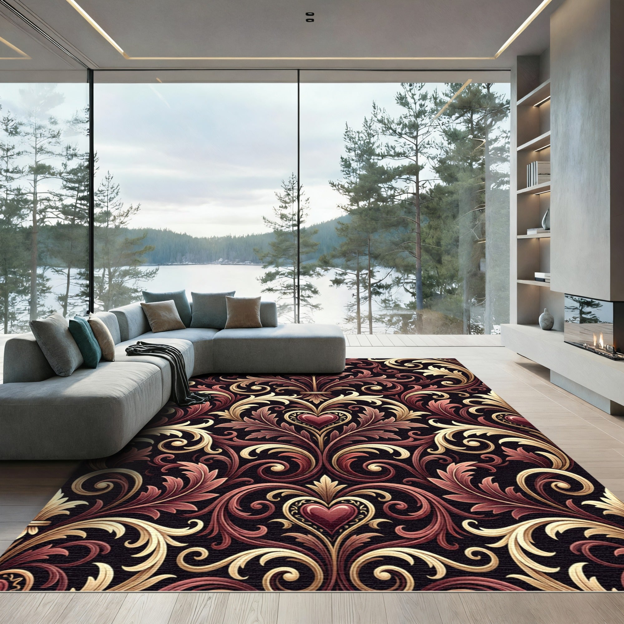 Rich Burgundy Gold Heart Filigree Rug