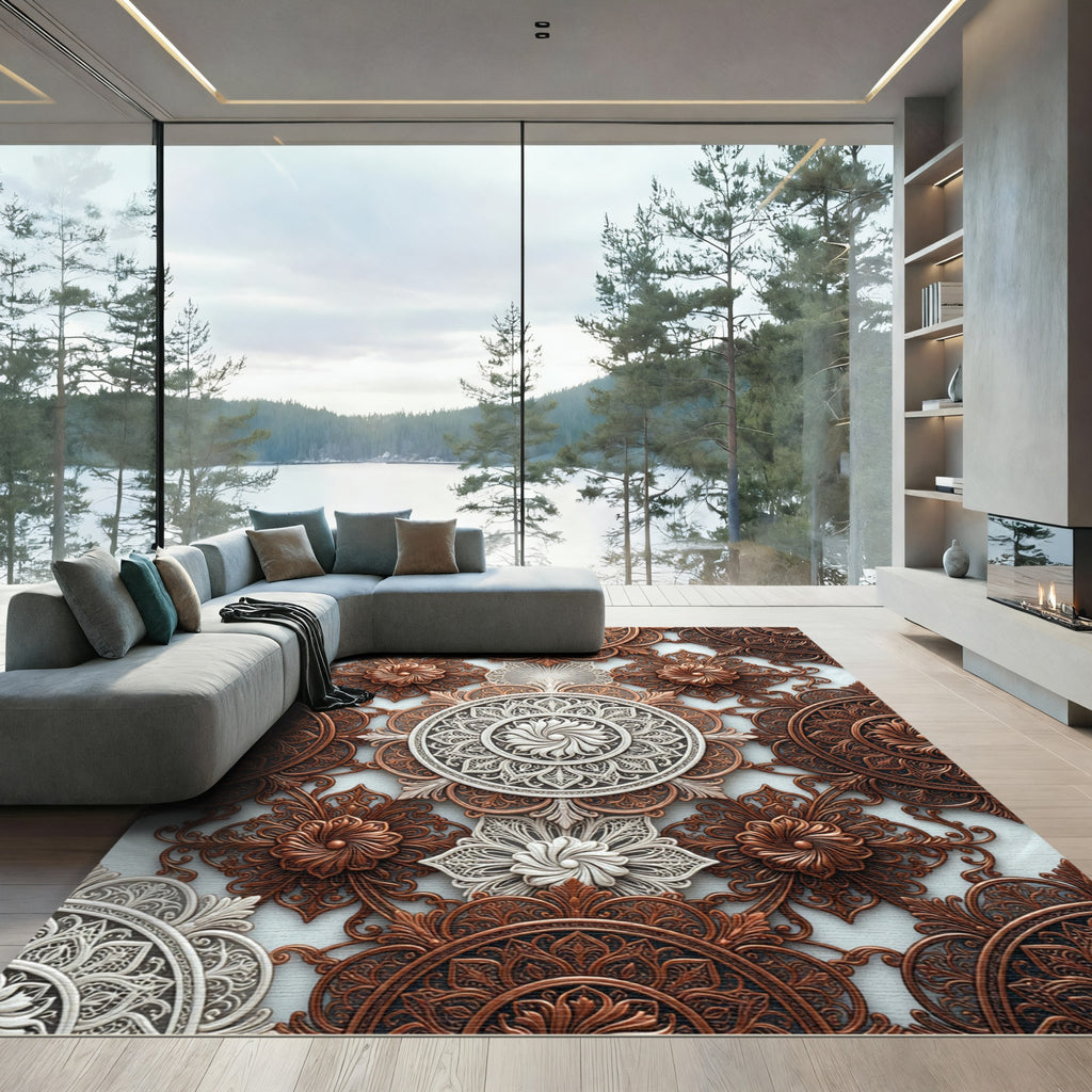 Ornate Copper White Floral Medallion Rug