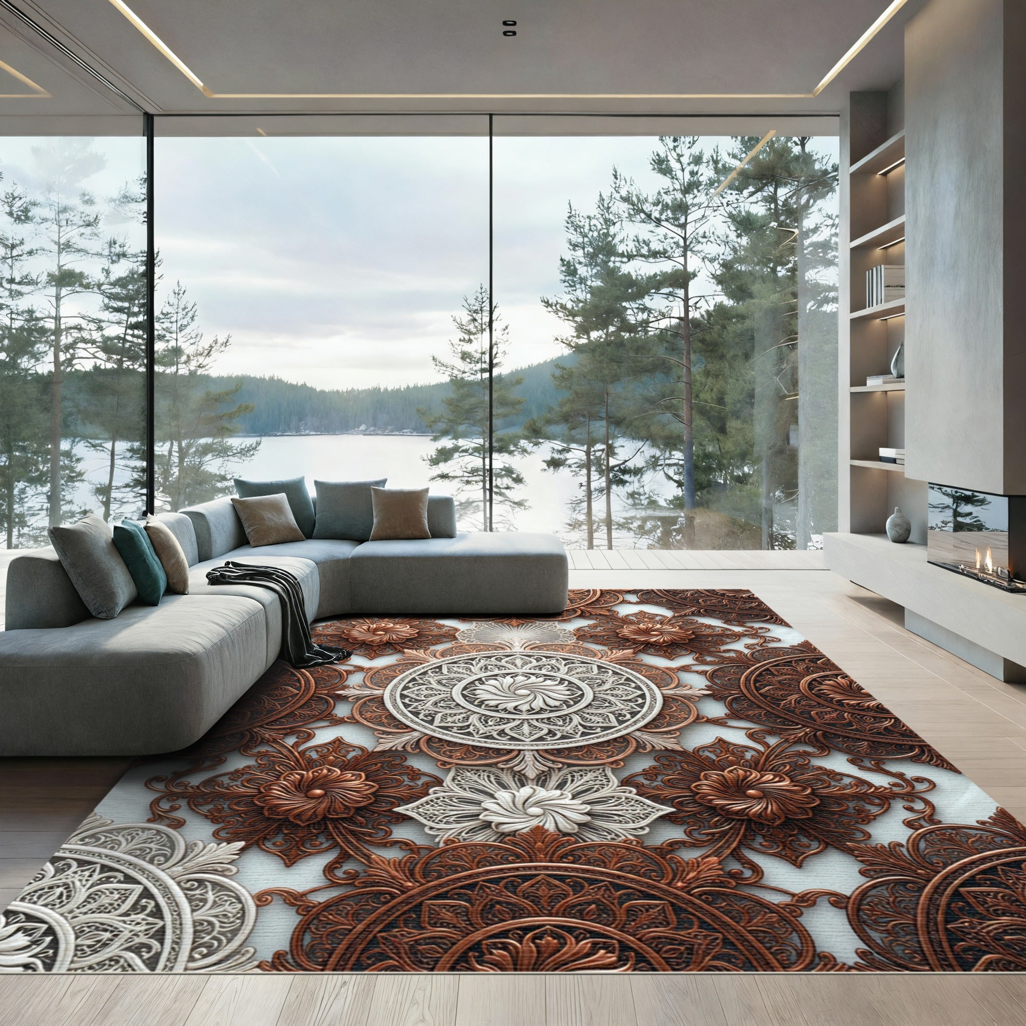 Ornate Copper White Floral Medallion Rug
