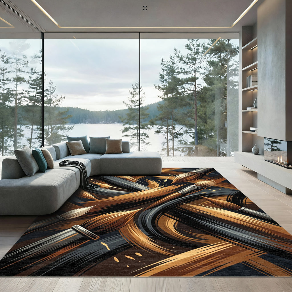 Golden Brown Brush Swirl Abstract Rug