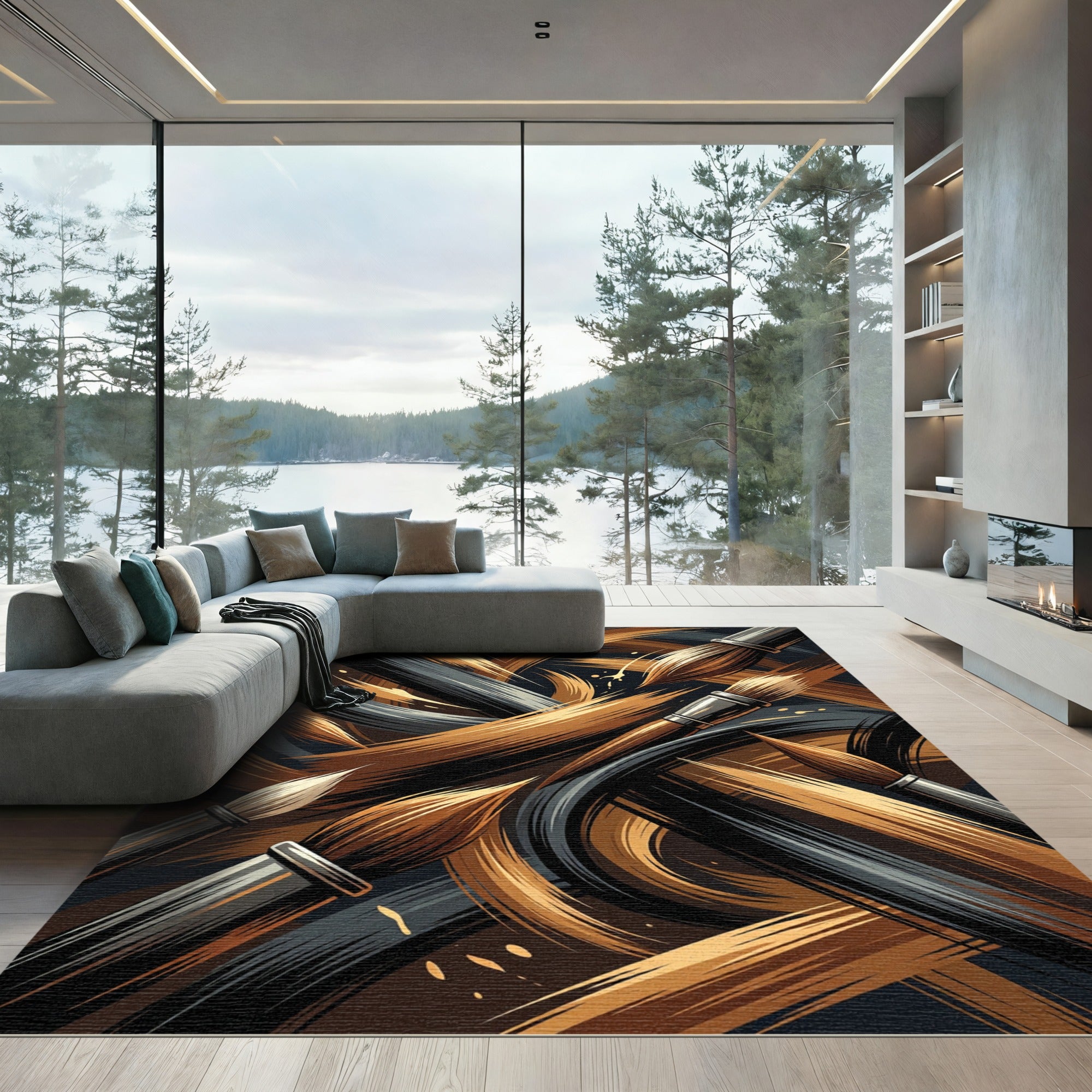 Golden Brown Brush Swirl Abstract Rug