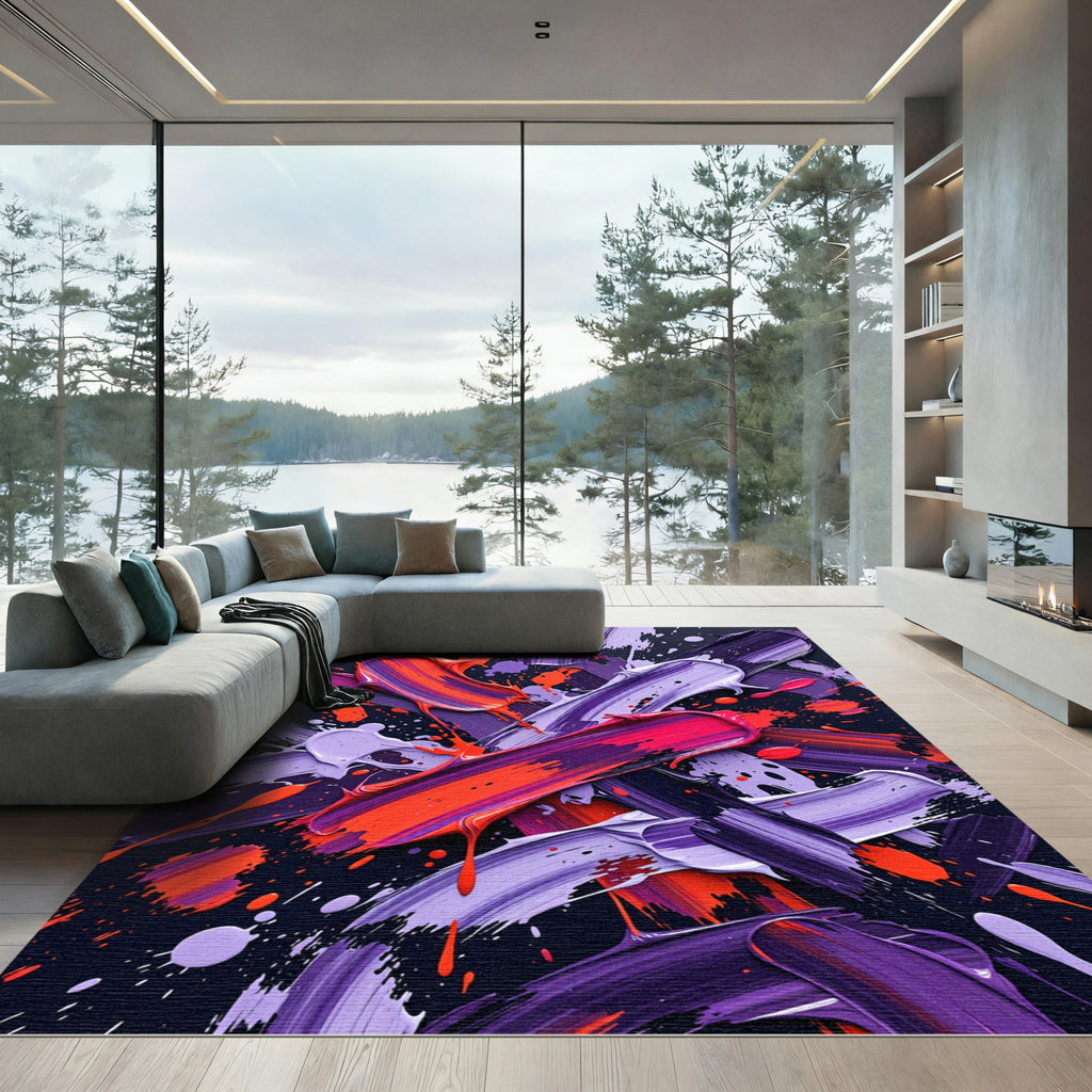 Vibrant Purple Orange Paint Splatter Rug