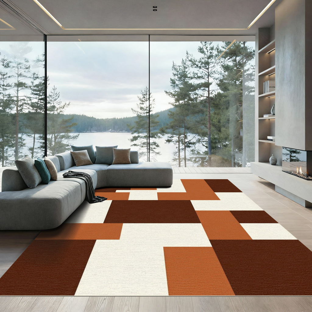 Modern Minimalist Earth Tone Geometric Block Rug